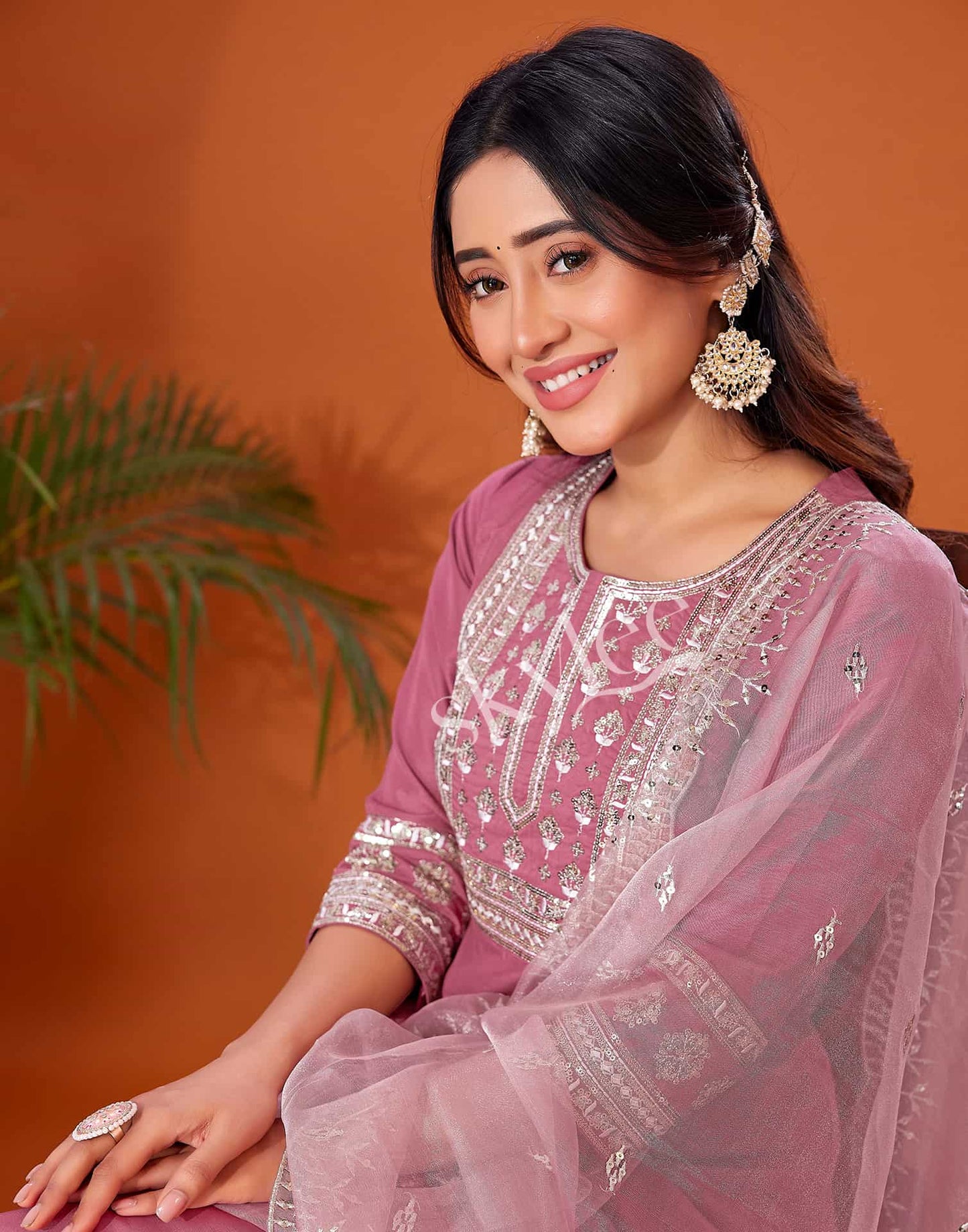 Cotton Blend Embroidery and Sequins Work A-Line Kurta with Pant & Dupatta