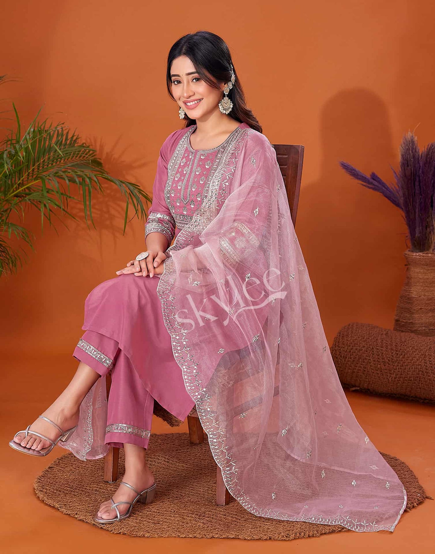 Cotton Blend Embroidery and Sequins Work A-Line Kurta with Pant & Dupatta