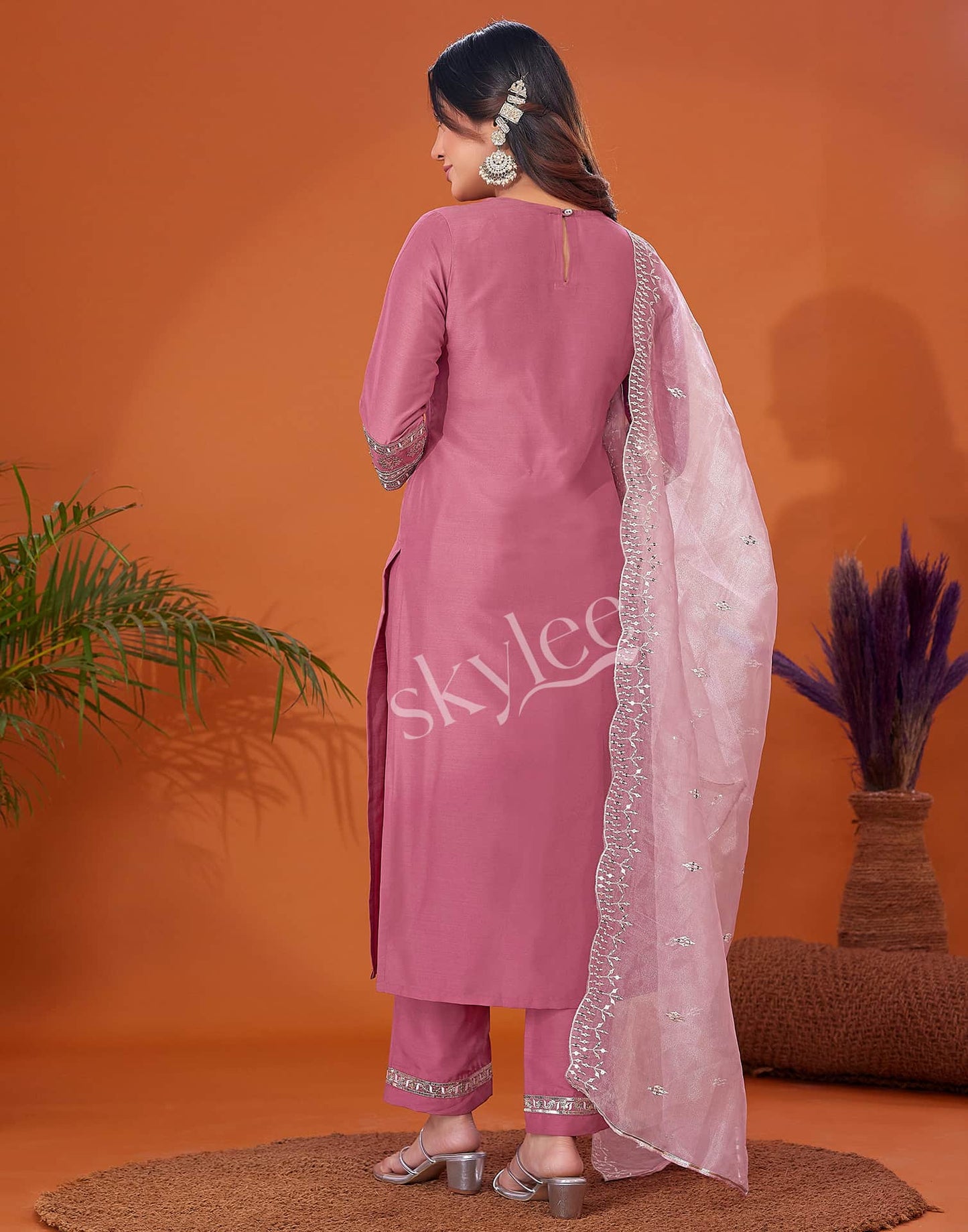 Cotton Blend Embroidery and Sequins Work A-Line Kurta with Pant & Dupatta