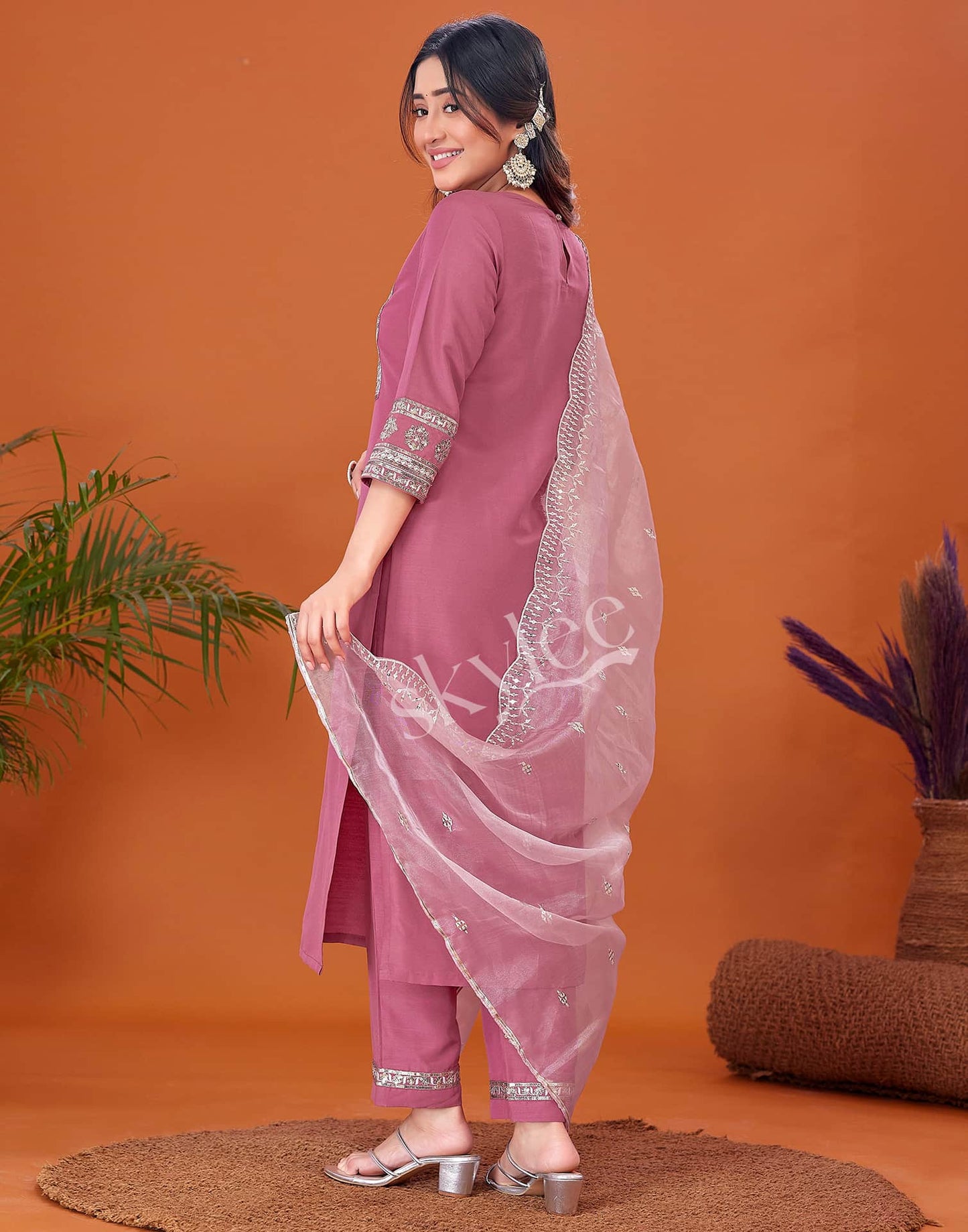 Cotton Blend Embroidery and Sequins Work A-Line Kurta with Pant & Dupatta