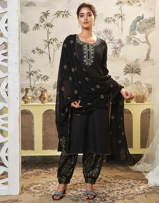 Cotton Blend Embroidered Straight Kurta with Pant & Dupatta