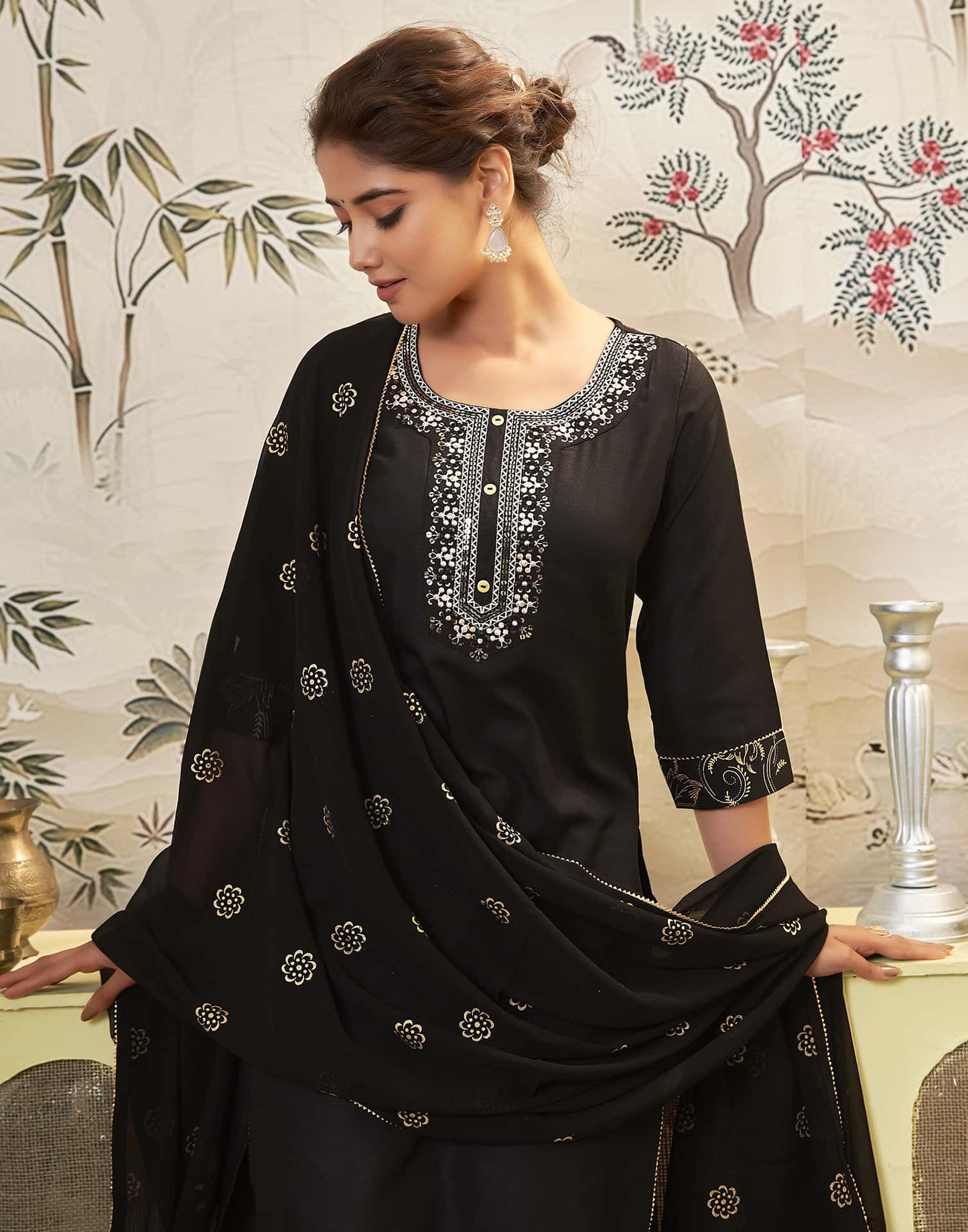 Cotton Blend Embroidered Straight Kurta with Pant & Dupatta