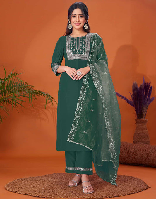 Cotton Blend Embroidery and Sequins Work A-Line Kurta with Pant & Dupatta