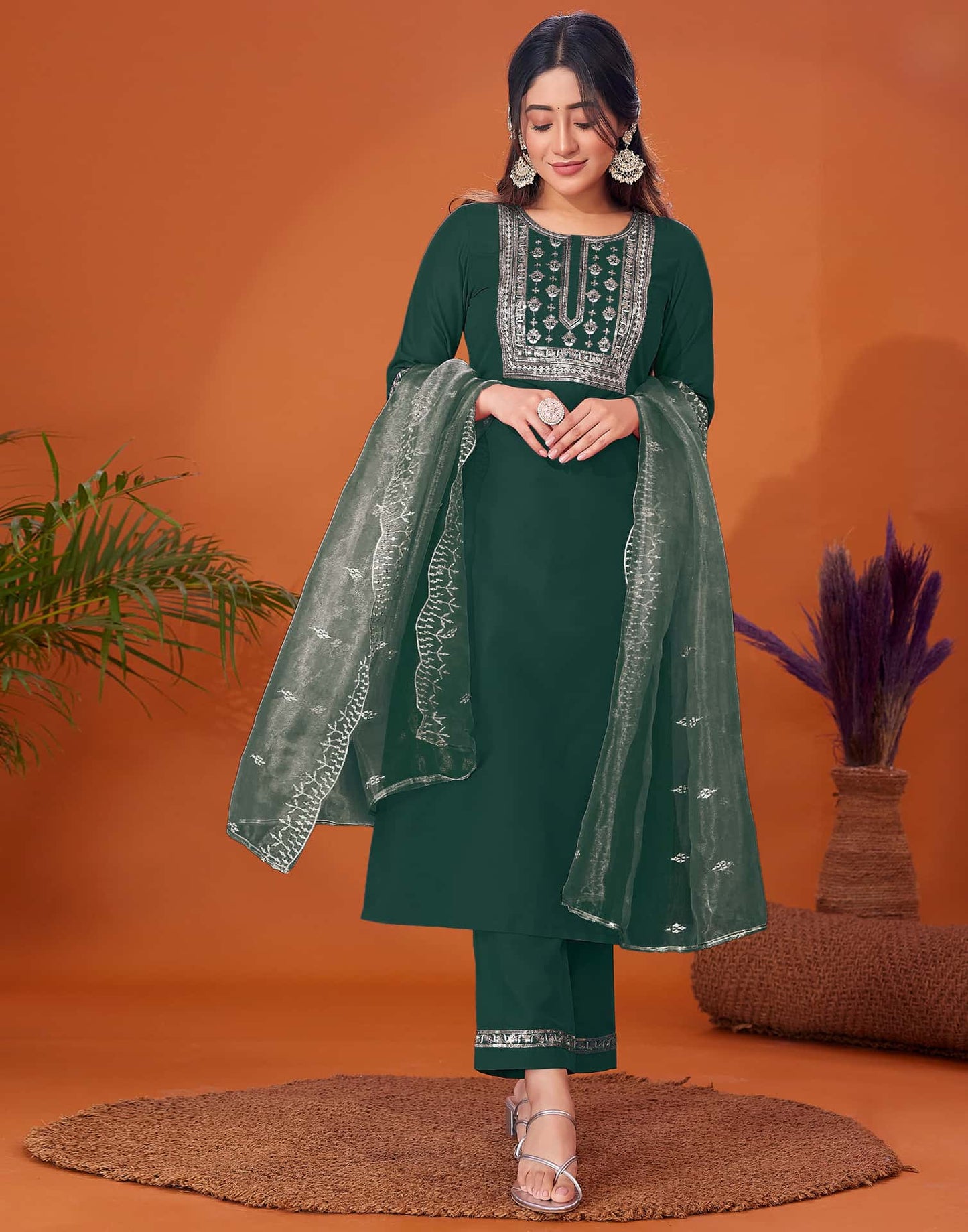 Cotton Blend Embroidery and Sequins Work A-Line Kurta with Pant & Dupatta