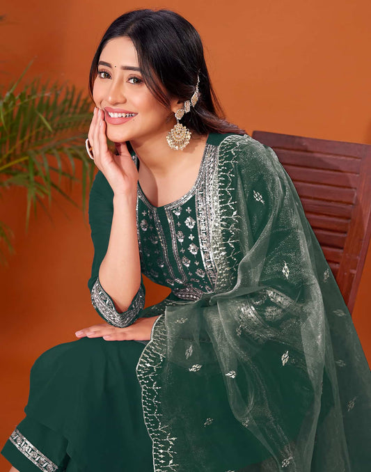 Cotton Blend Embroidery and Sequins Work A-Line Kurta with Pant & Dupatta