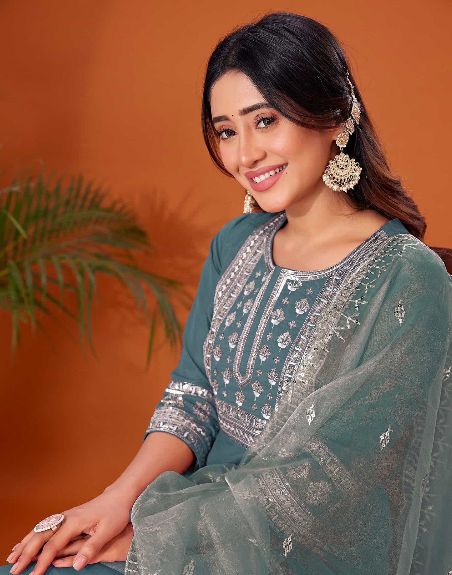 Cotton Blend Embroidery and Sequins Work A-Line Kurta with Pant & Dupatta