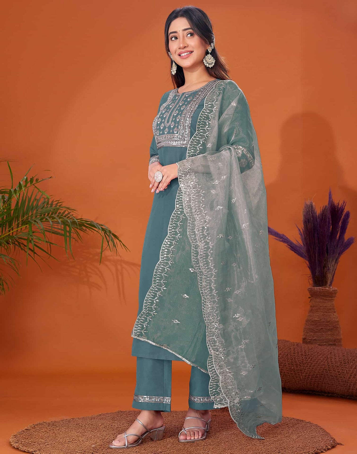 Cotton Blend Embroidery and Sequins Work A-Line Kurta with Pant & Dupatta