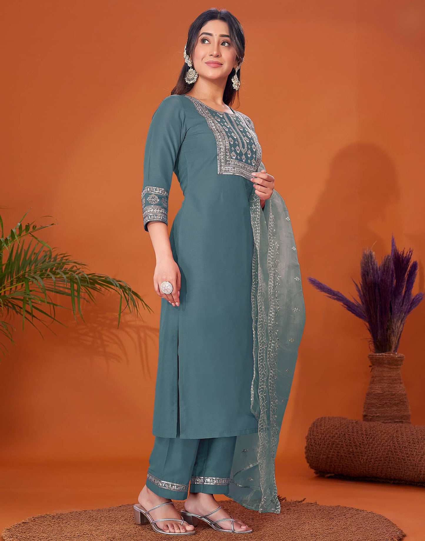 Cotton Blend Embroidery and Sequins Work A-Line Kurta with Pant & Dupatta