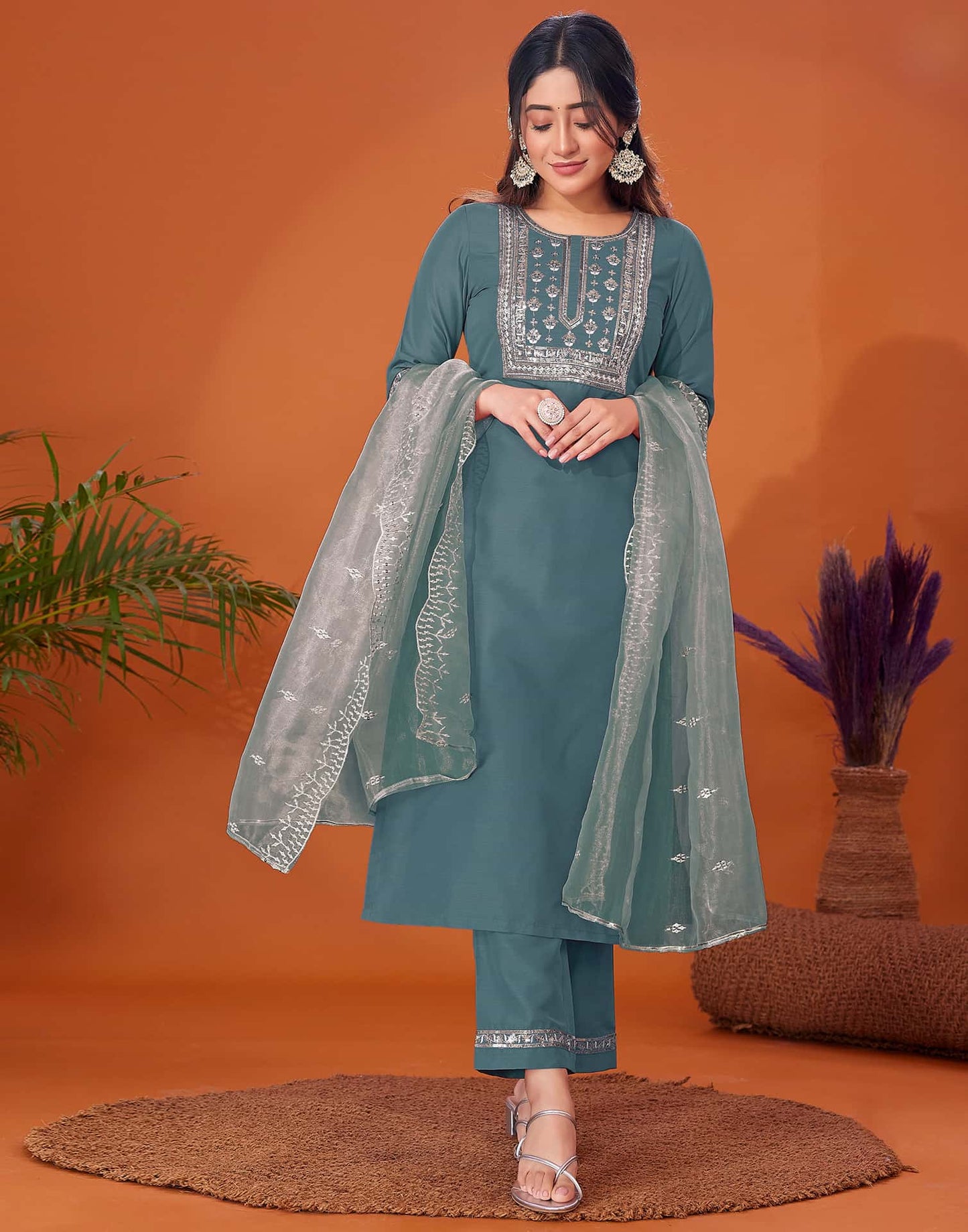 Cotton Blend Embroidery and Sequins Work A-Line Kurta with Pant & Dupatta