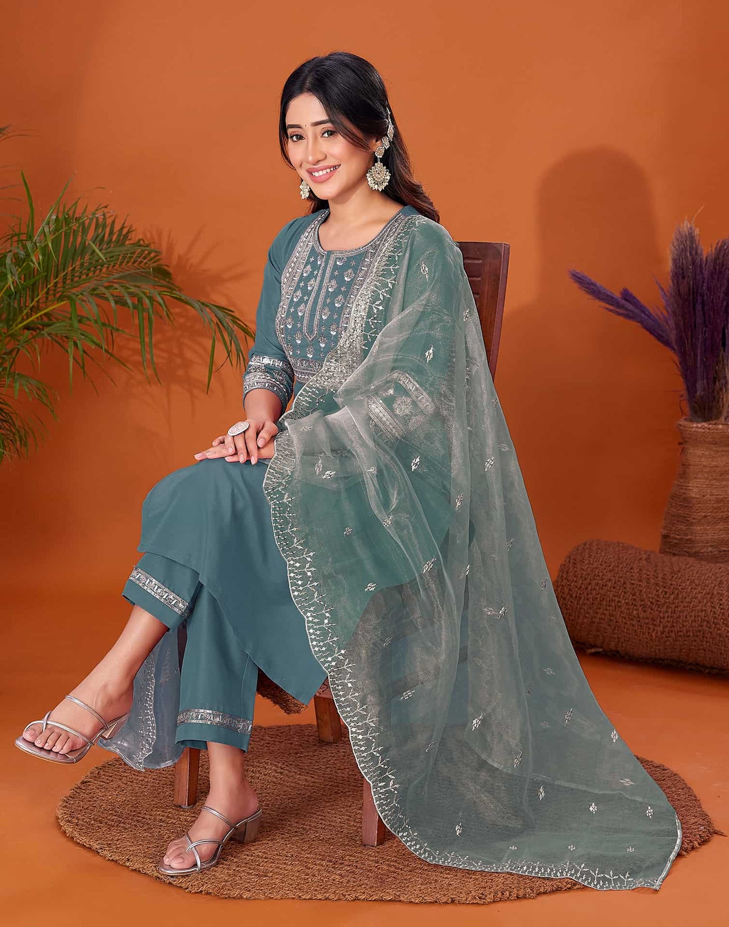 Cotton Blend Embroidery and Sequins Work A-Line Kurta with Pant & Dupatta