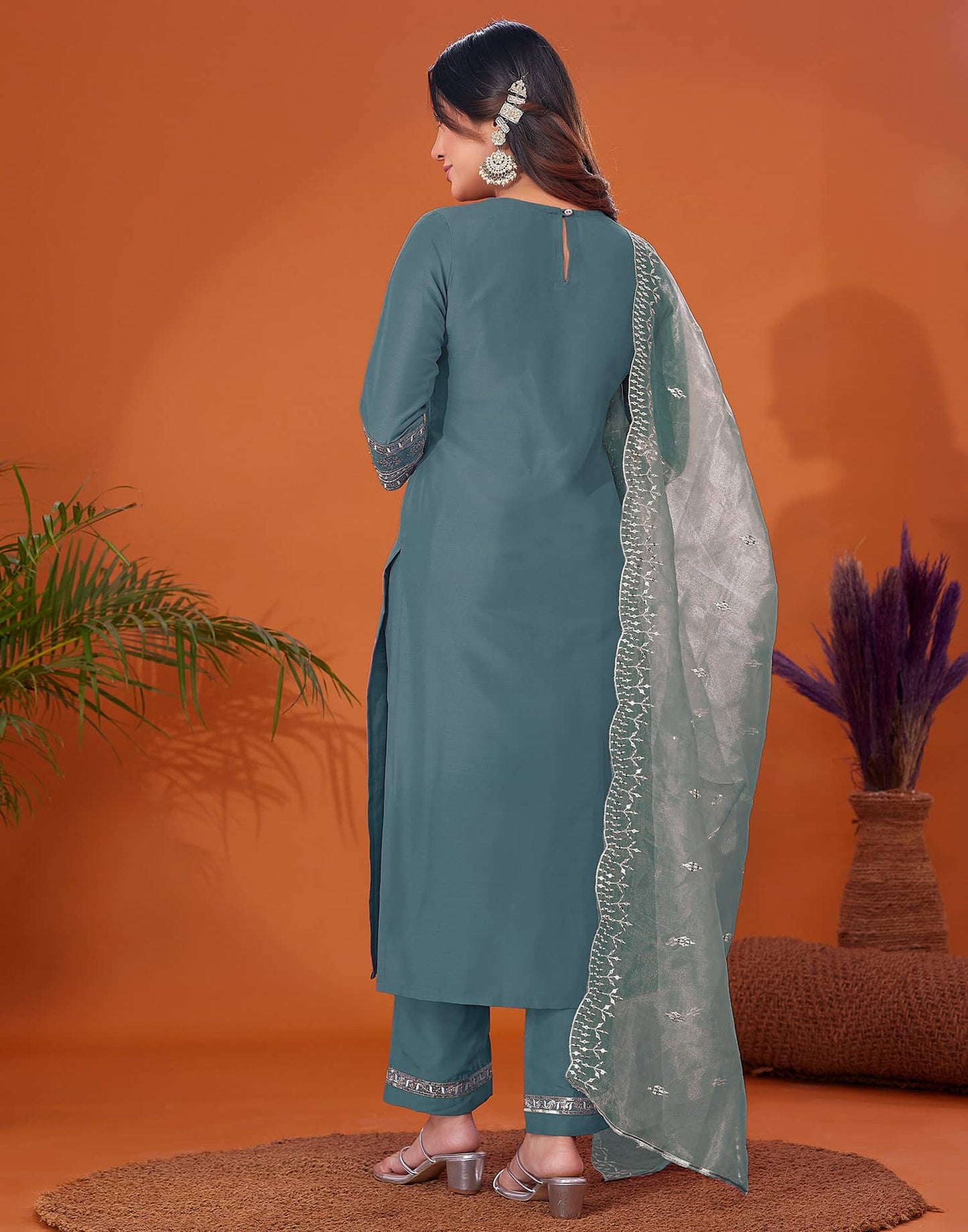 Cotton Blend Embroidery and Sequins Work A-Line Kurta with Pant & Dupatta