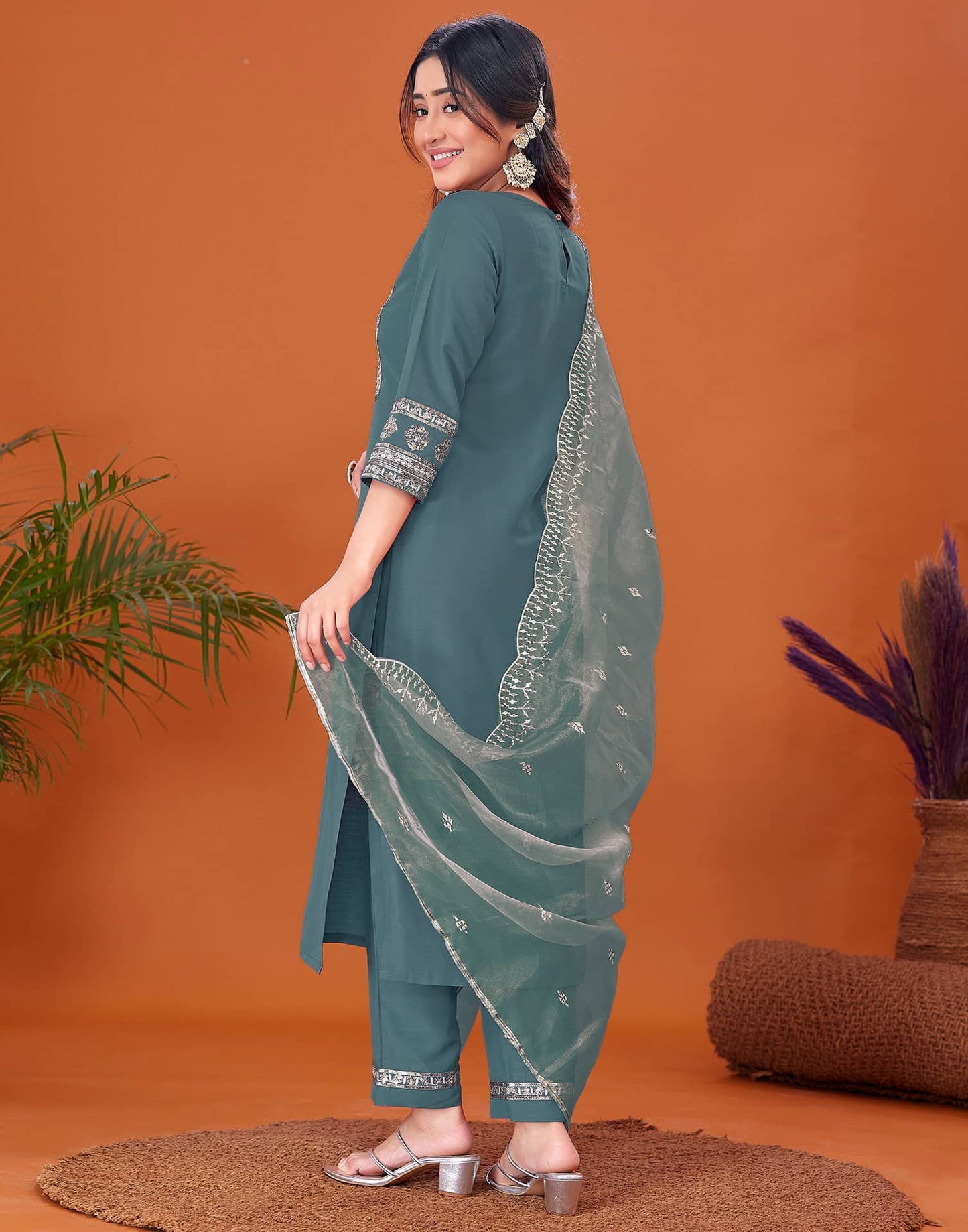 Cotton Blend Embroidery and Sequins Work A-Line Kurta with Pant & Dupatta