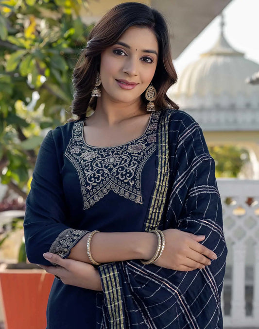 Cotton Blend Weaving and Lace Straight Kurta with Pant & Dupatta