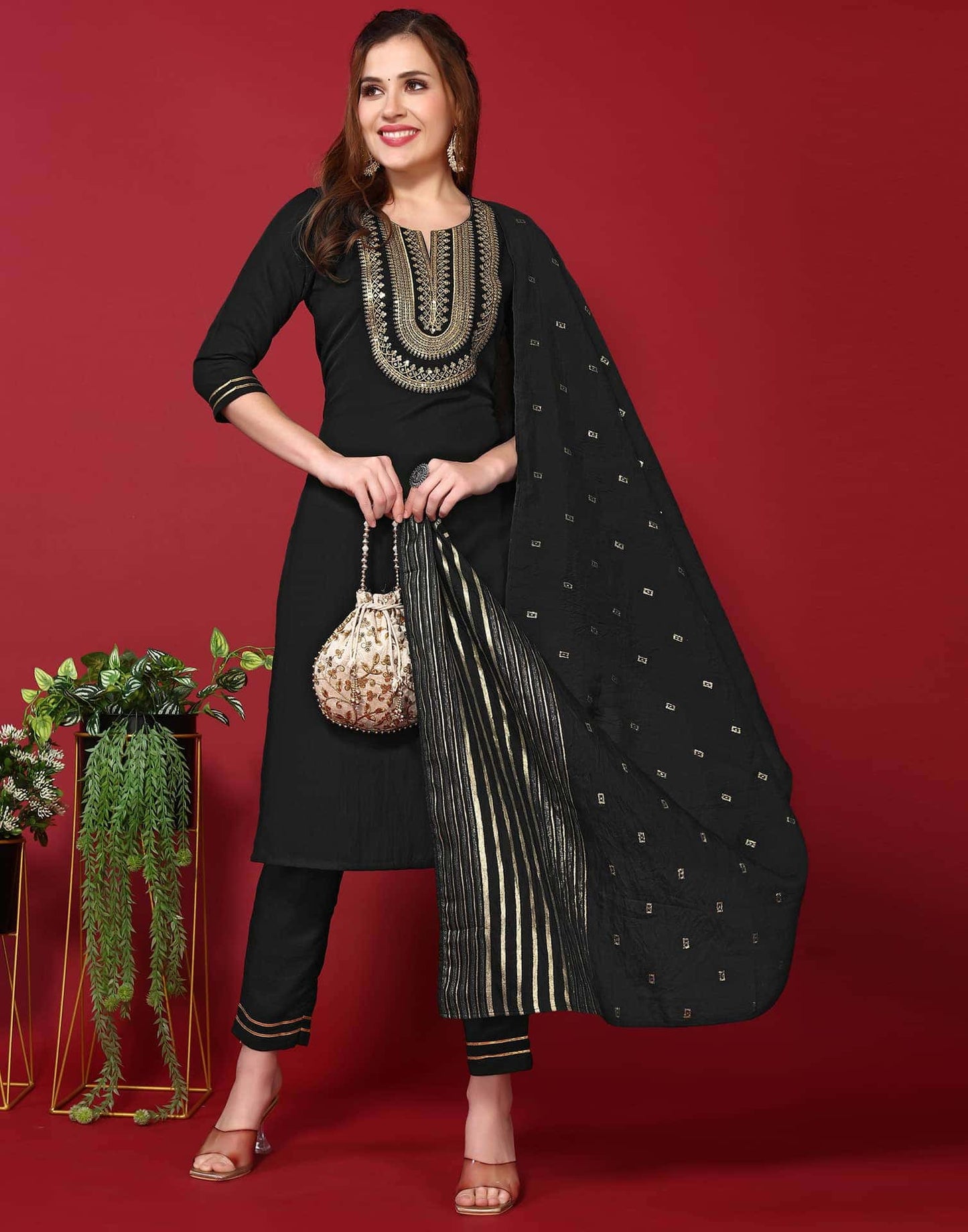 Rayon Embroidery and Lace Straight Kurta with Pant & Dupatta
