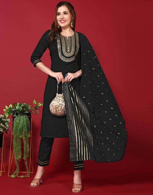 Affordable Black Rayon Embroidered Kurta Set with dupatta