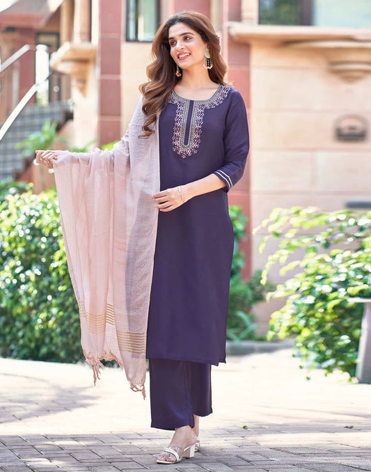 Silk Blend Dyed, Sequence Embroidery and Lace Straight Kurta with Pant & Dupatta