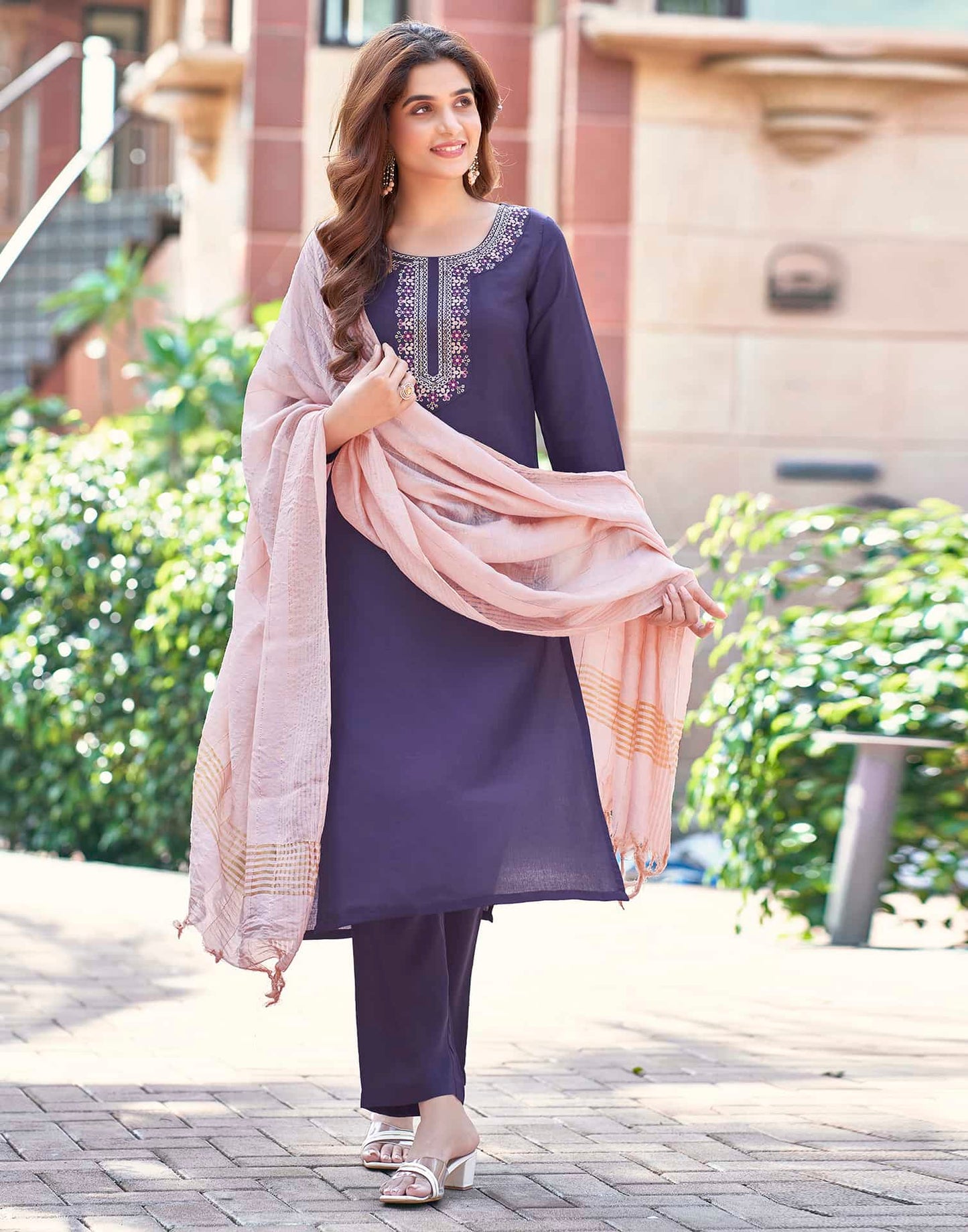 Silk Blend Dyed, Sequence Embroidery and Lace Straight Kurta with Pant & Dupatta