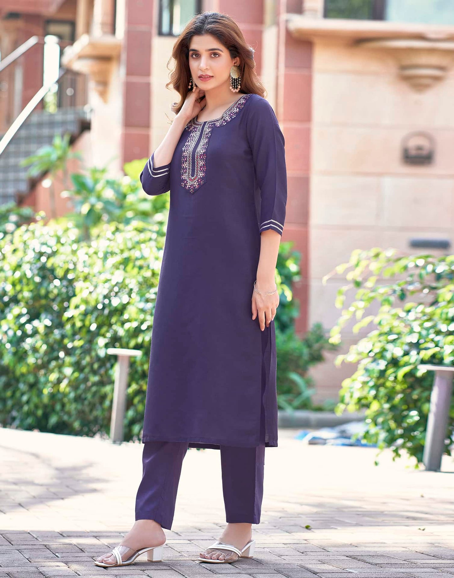 Silk Blend Dyed, Sequence Embroidery and Lace Straight Kurta with Pant & Dupatta
