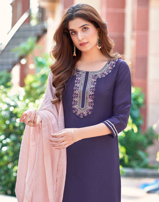 Silk Blend Dyed, Sequence Embroidery and Lace Straight Kurta with Pant & Dupatta