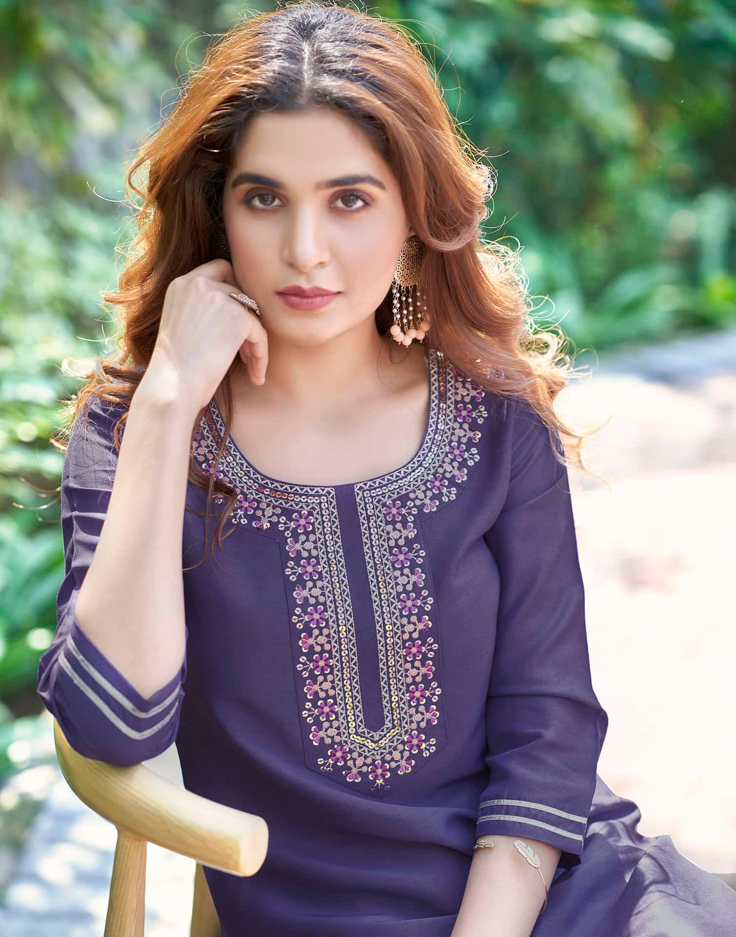 Silk Blend Dyed, Sequence Embroidery and Lace Straight Kurta with Pant & Dupatta