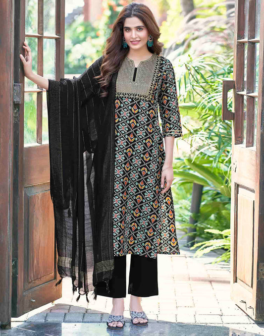 Cotton Blend Printed Straight Kurta with Pant & Dupatta