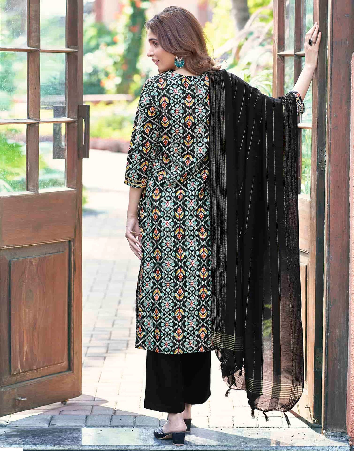 Cotton Blend Printed Straight Kurta with Pant & Dupatta