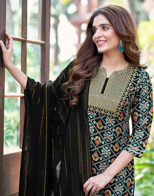 Cotton Blend Printed Straight Kurta with Pant & Dupatta