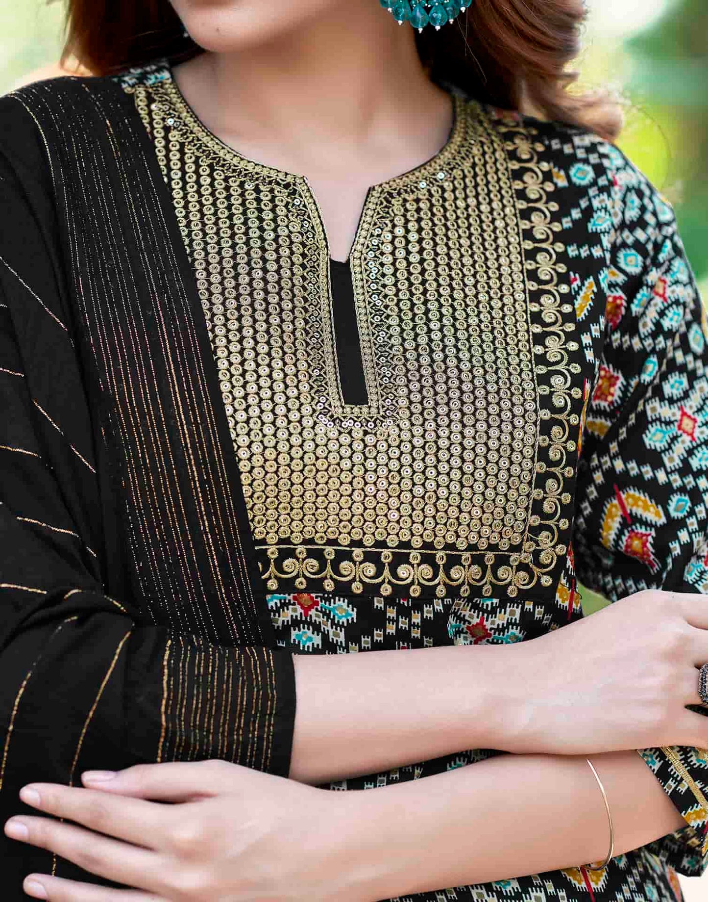 Cotton Blend Printed Straight Kurta with Pant & Dupatta
