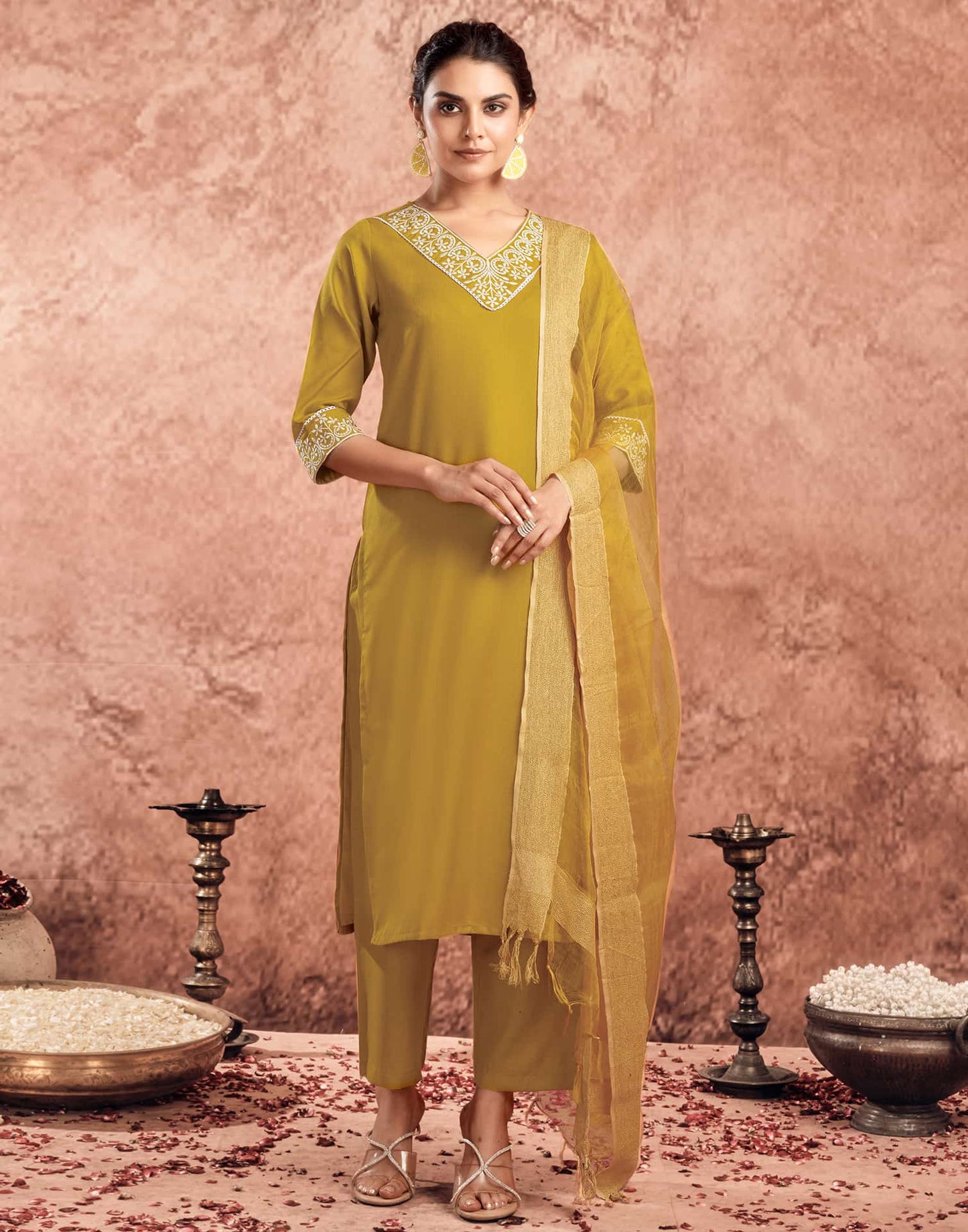 Cotton Blend Embroidered Straight Kurta with Pant & Dupatta