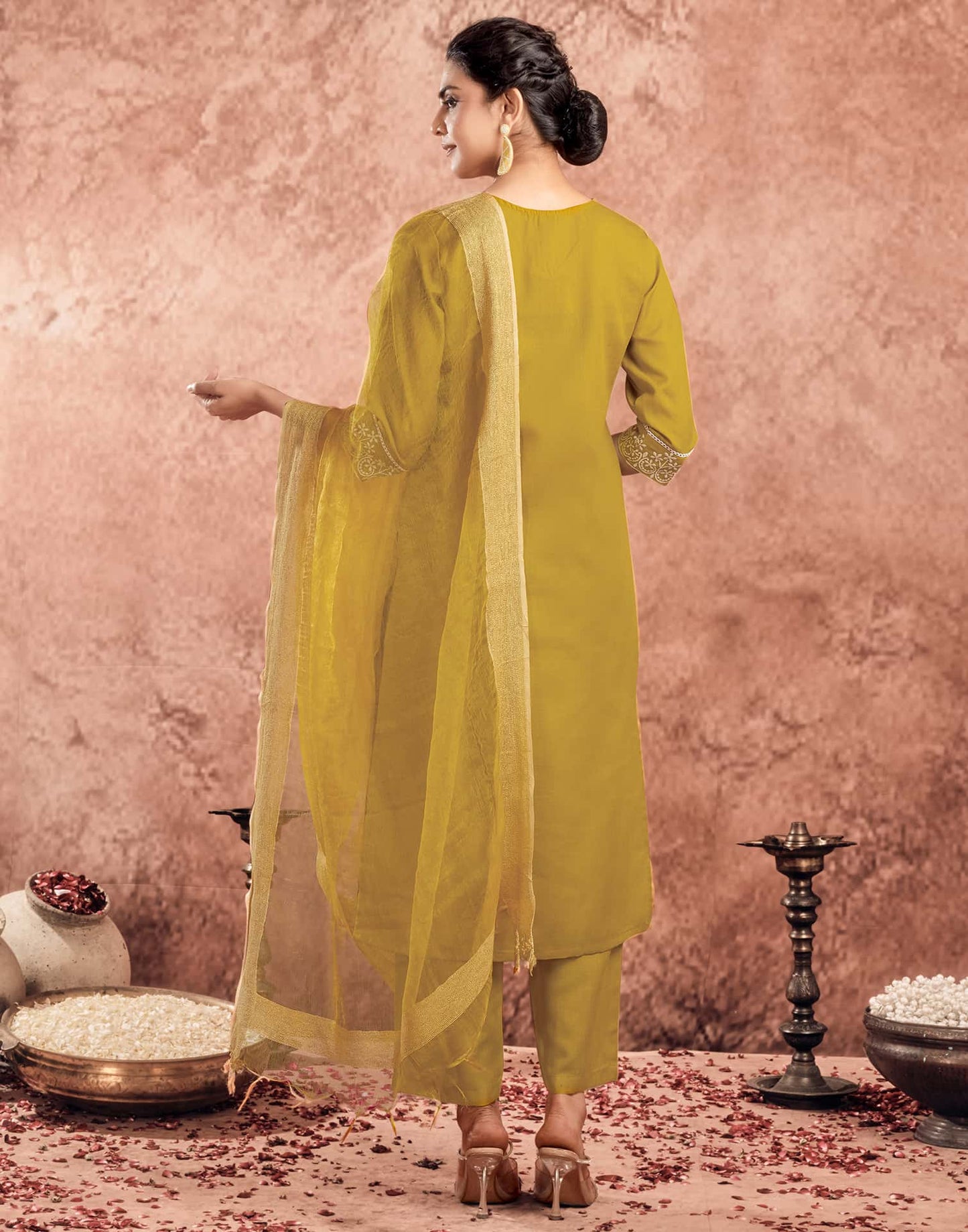 Cotton Blend Embroidered Straight Kurta with Pant & Dupatta