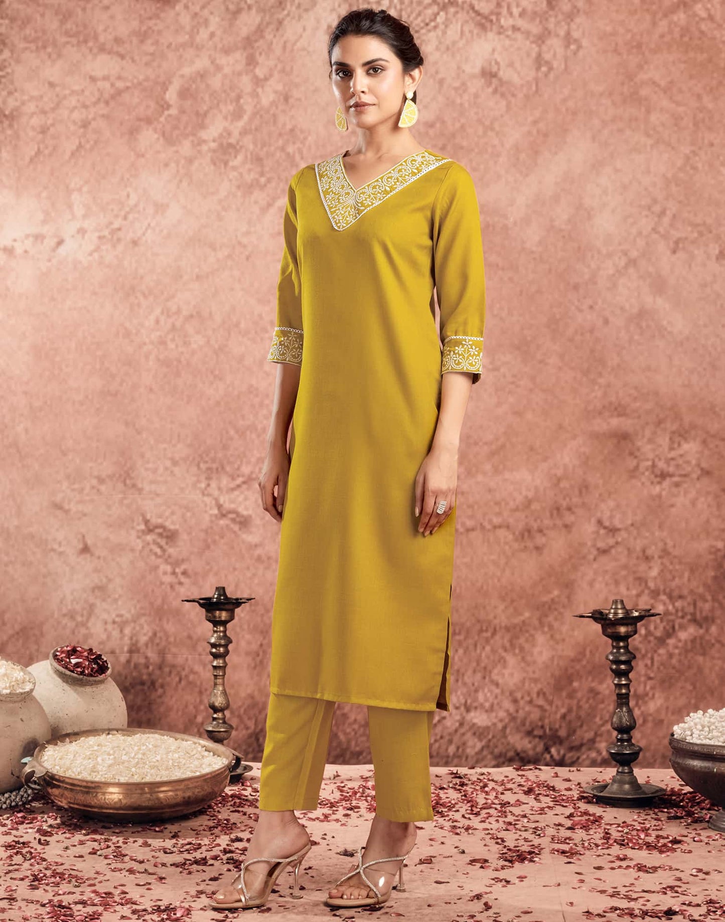 Cotton Blend Embroidered Straight Kurta with Pant & Dupatta