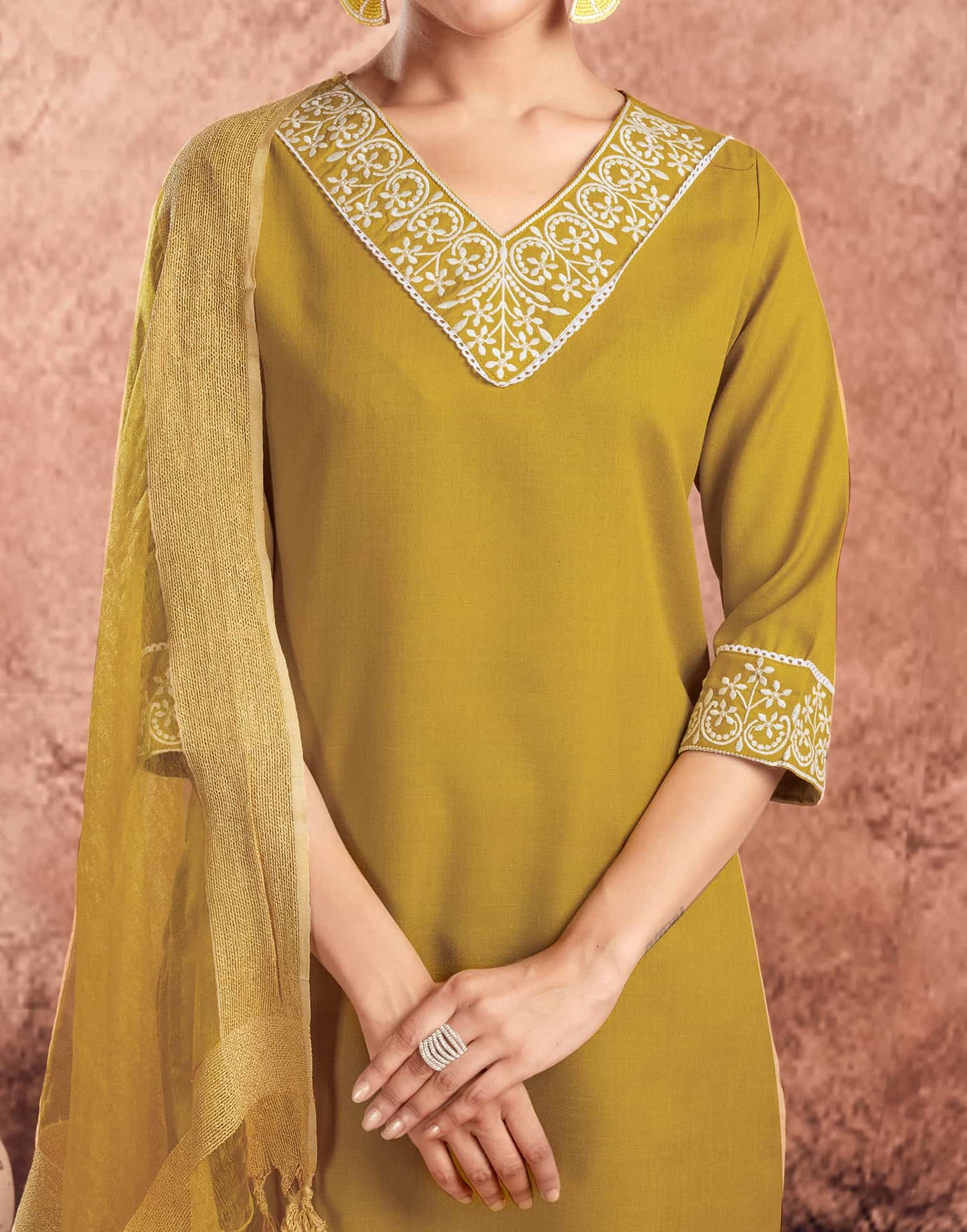 Cotton Blend Embroidered Straight Kurta with Pant & Dupatta