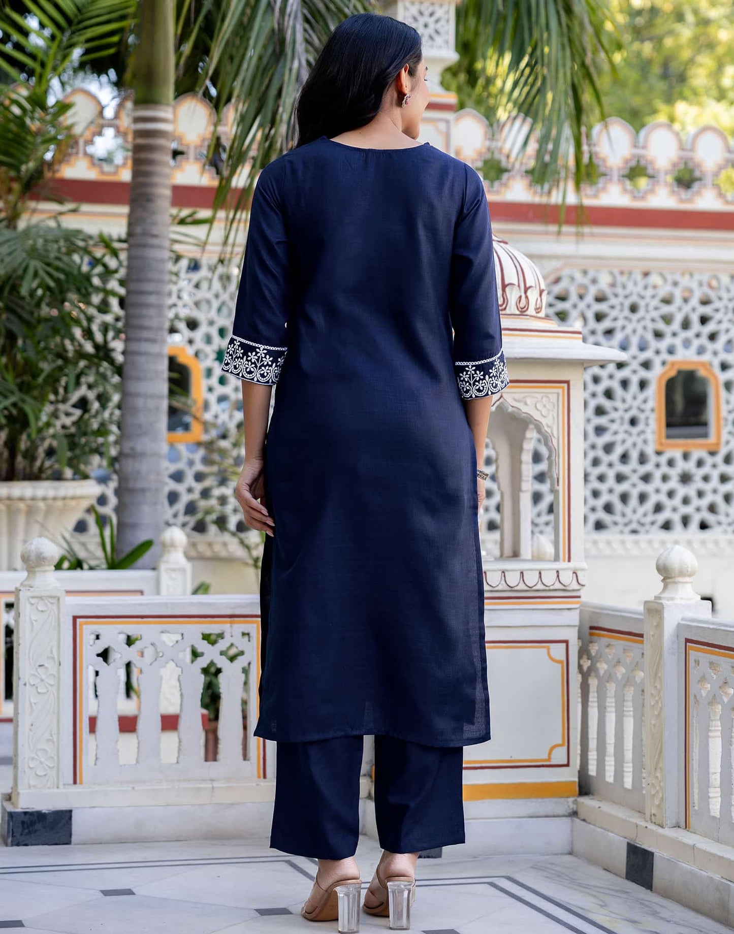 Cotton Blend Embroidered Straight Kurta with Pant & Dupatta