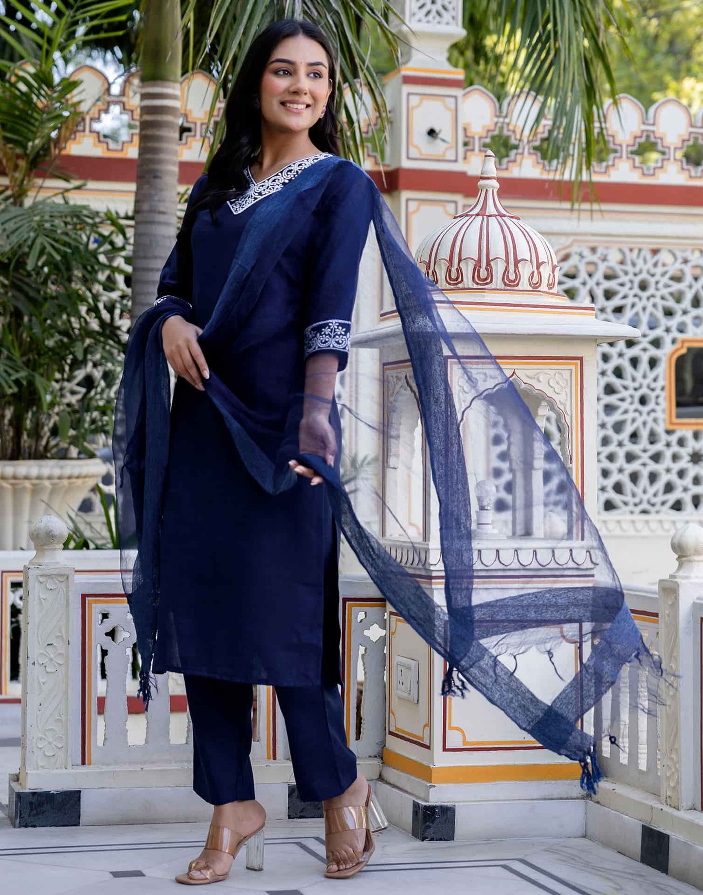 Cotton Blend Embroidered Straight Kurta with Pant & Dupatta