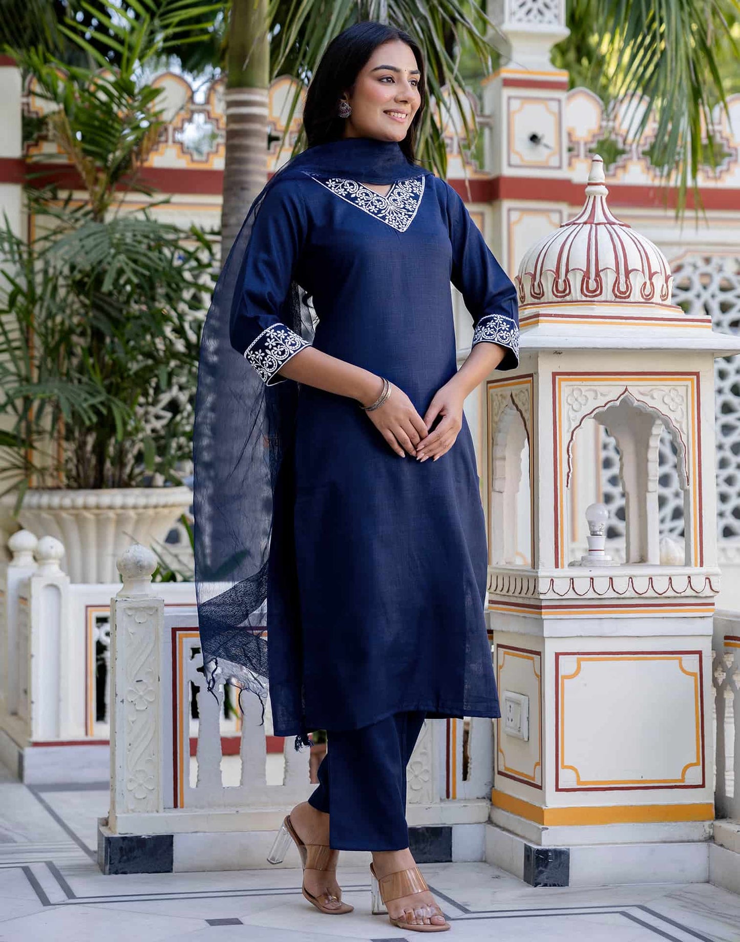 Cotton Blend Embroidered Straight Kurta with Pant & Dupatta