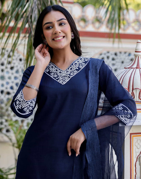 Cotton Blend Embroidered Straight Kurta with Pant & Dupatta