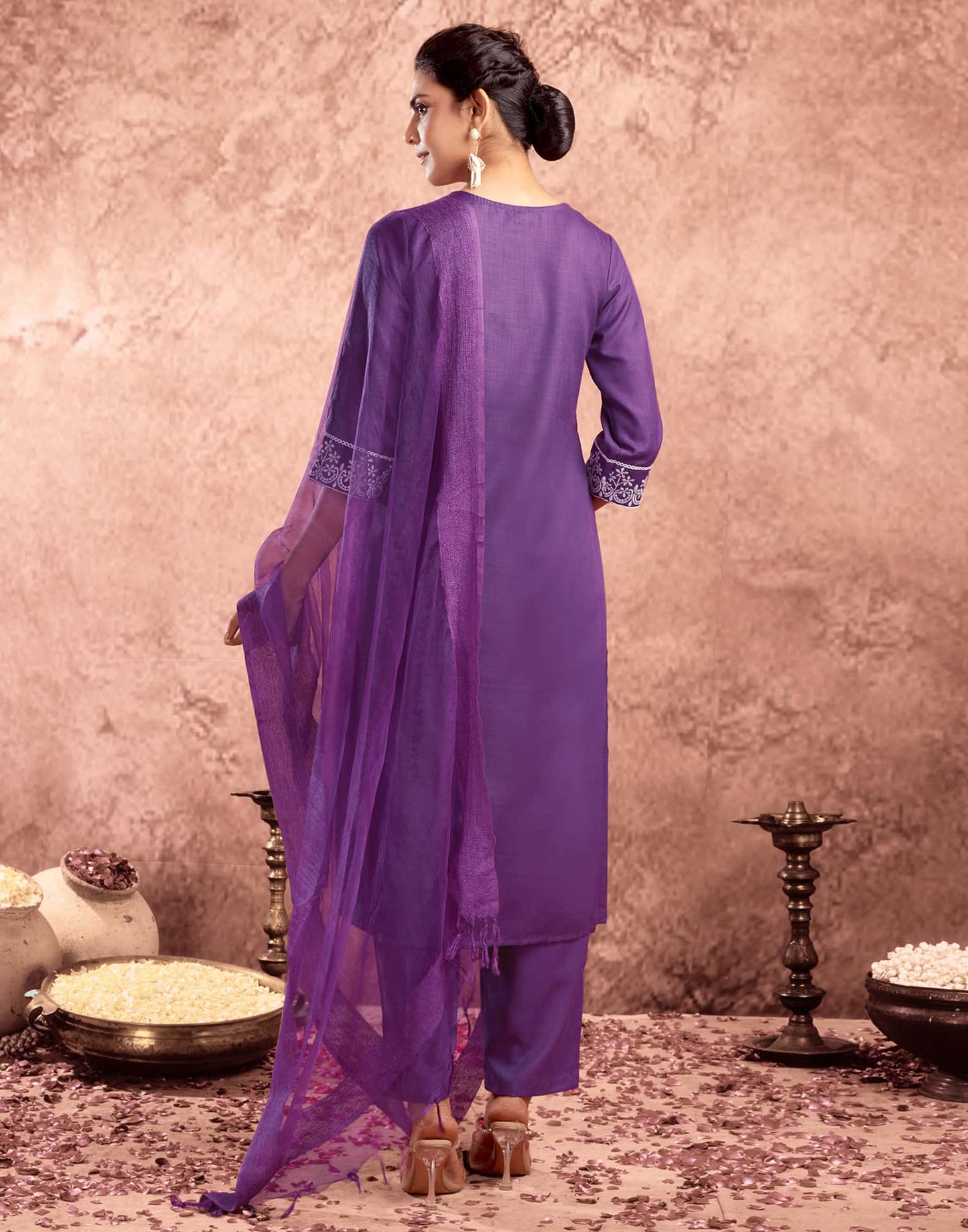 Cotton Blend Embroidered Straight Kurta with Pant & Dupatta