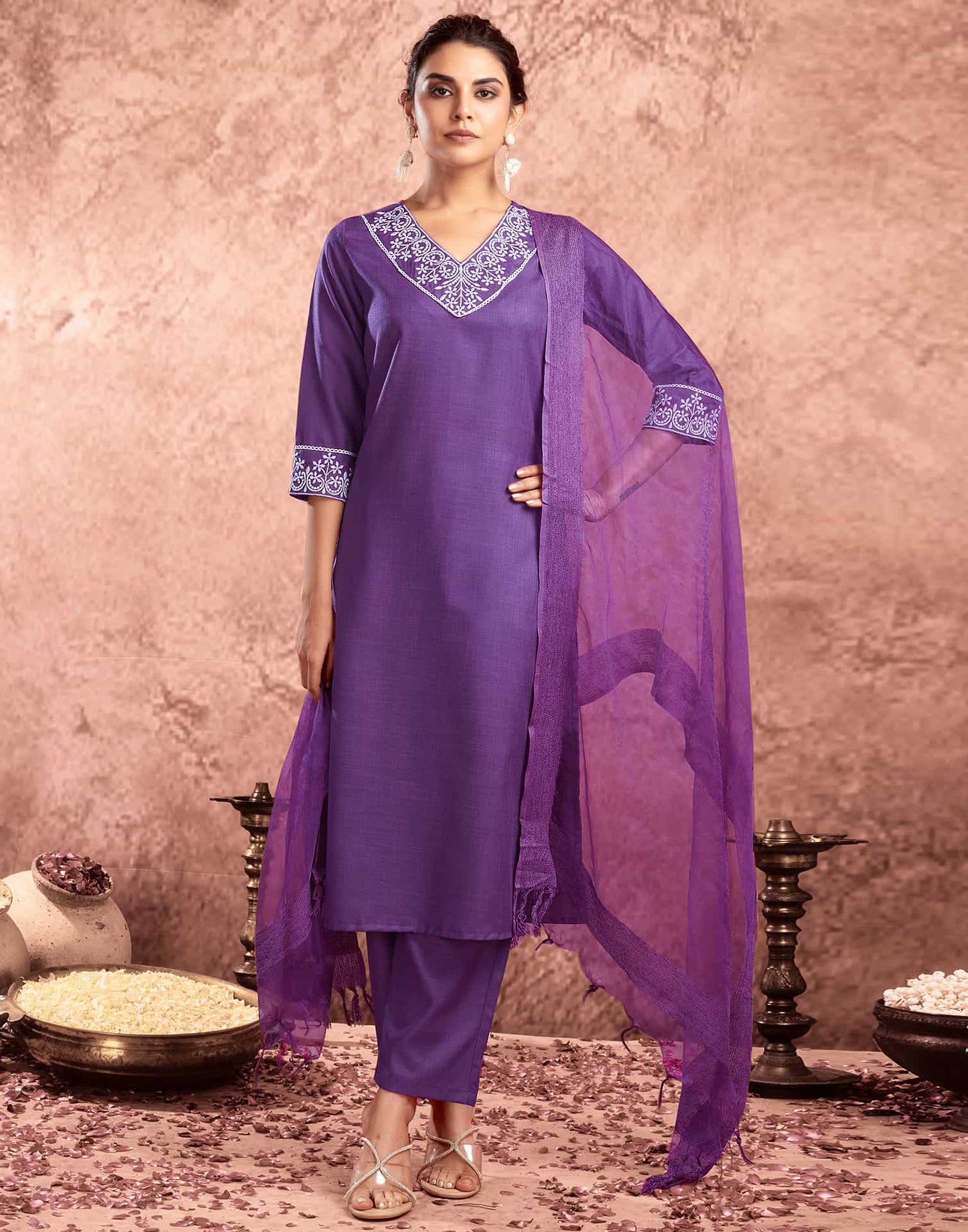 Cotton Blend Embroidered Straight Kurta with Pant & Dupatta
