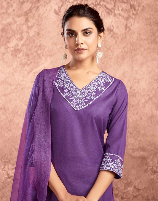 Cotton Blend Embroidered Straight Kurta with Pant & Dupatta