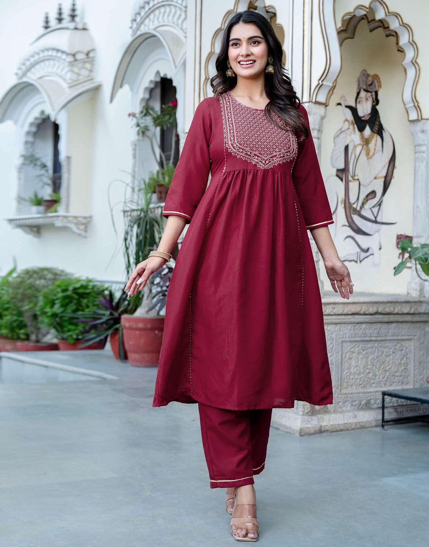 Rayon Blend Embroidered Anarkali Kurta with Pant & Dupatta