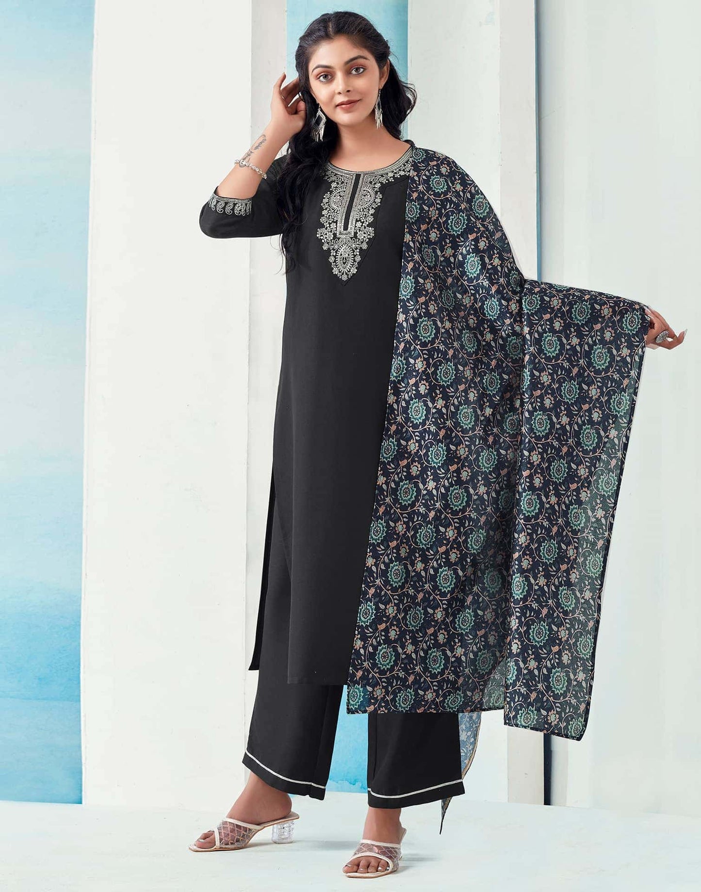 Rayon Blend Embroidered Straight Kurta with Pant & Dupatta