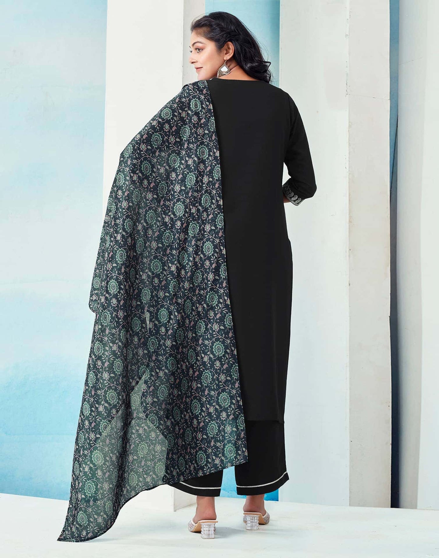 Affordable Black Rayon Embroidered Kurta Set with dupatta