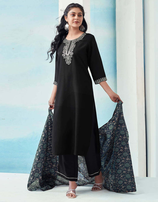 Affordable Black Rayon Embroidered Kurta Set with dupatta