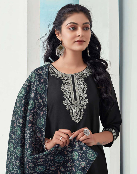 Affordable Black Rayon Embroidered Kurta Set with dupatta