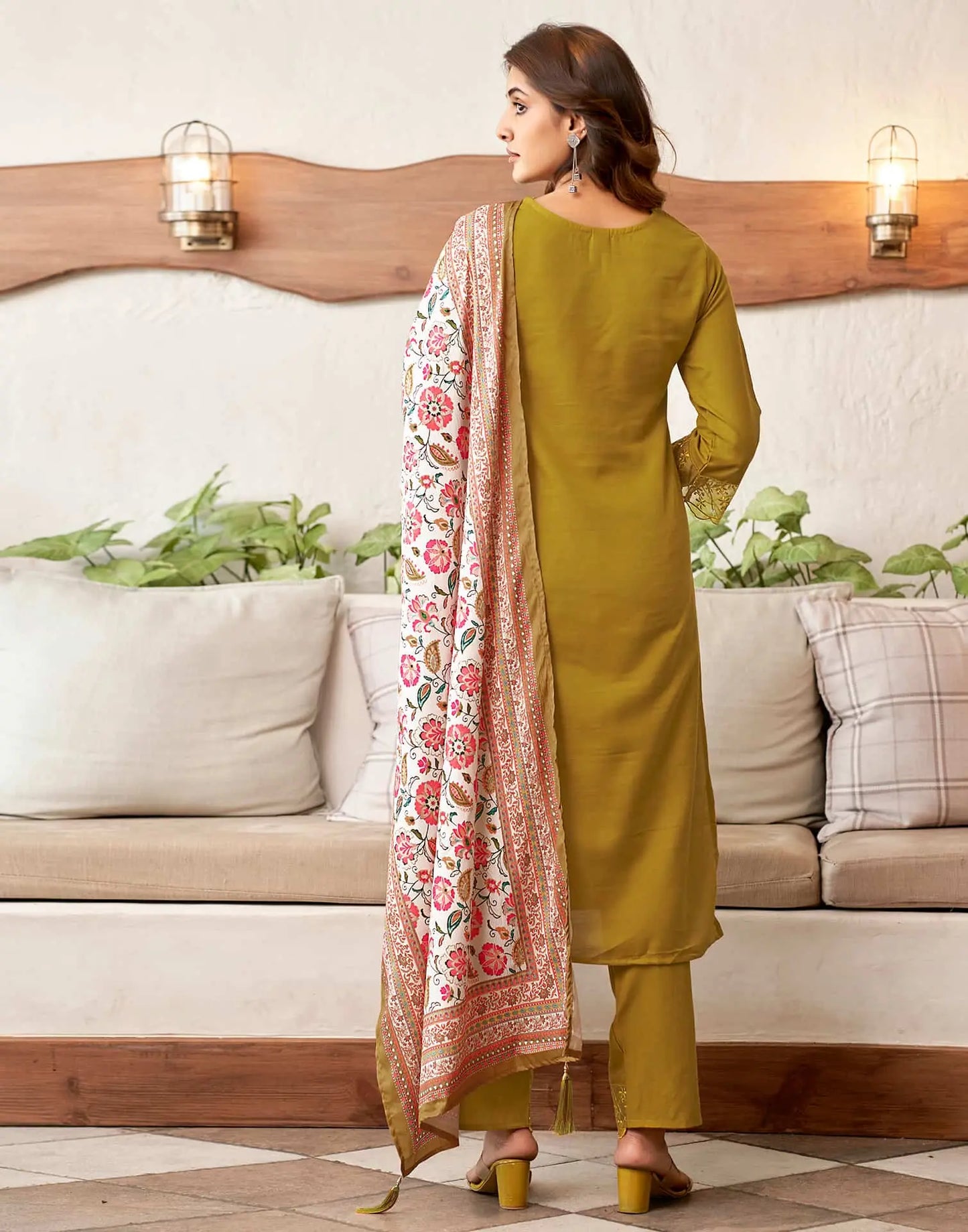 Cotton Blend Sequence Embroidery and Lace Straight Kurta with Pant & Dupatta