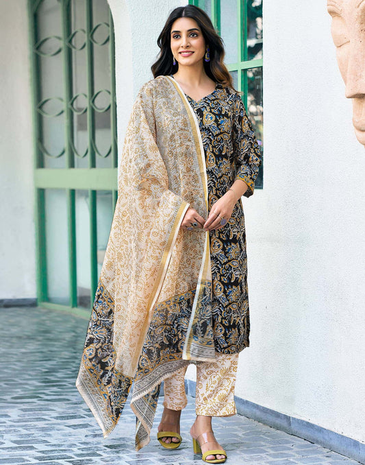 Rayon Floral Printed and Printed Fabric Lace Straight Kurta with Pant & Dupatta