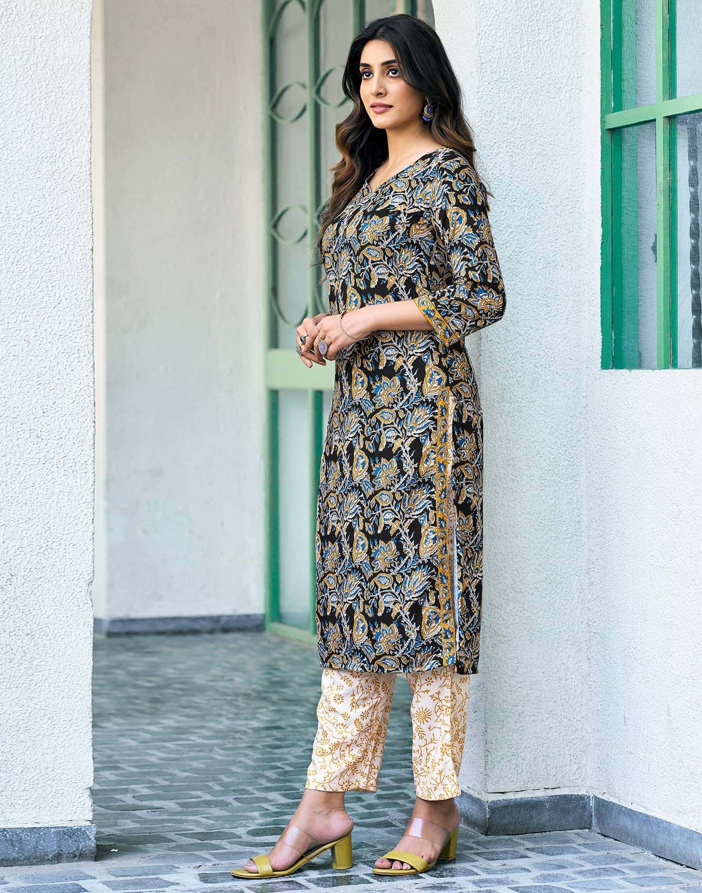 Rayon Floral Printed and Printed Fabric Lace Straight Kurta with Pant & Dupatta