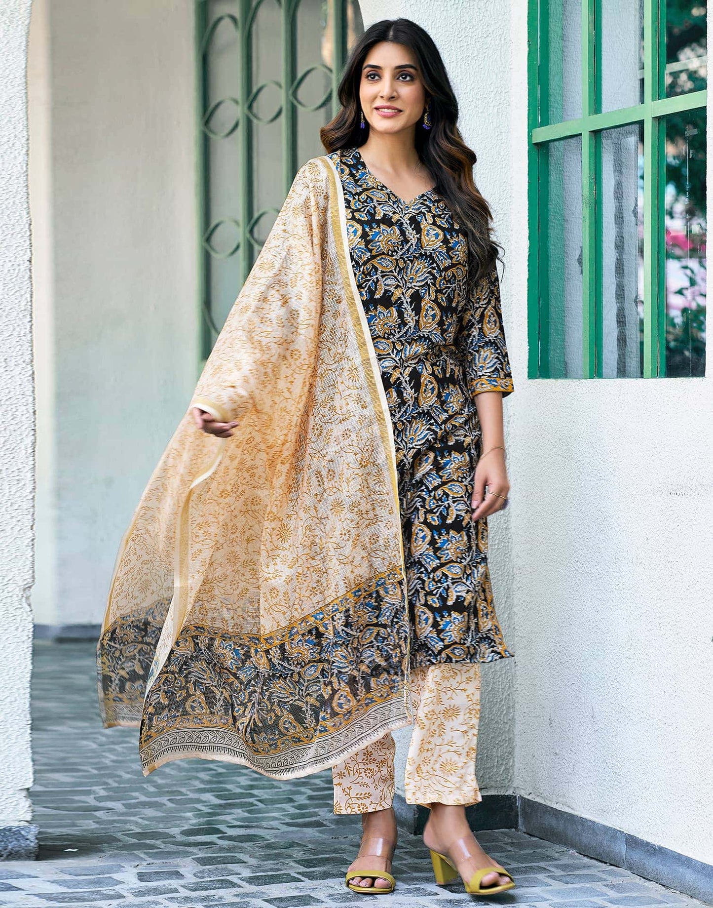 Rayon Floral Printed and Printed Fabric Lace Straight Kurta with Pant & Dupatta