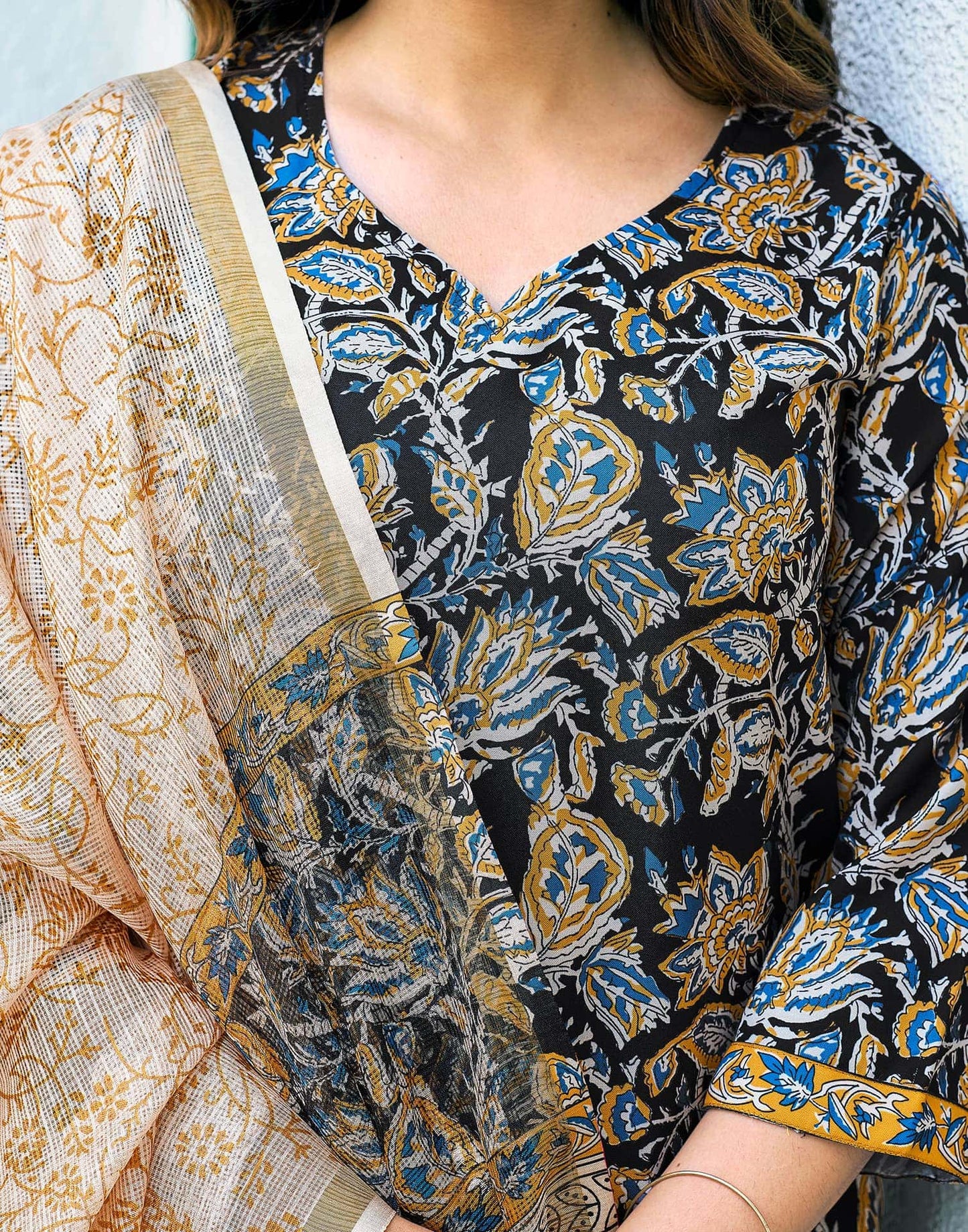 Rayon Floral Printed and Printed Fabric Lace Straight Kurta with Pant & Dupatta