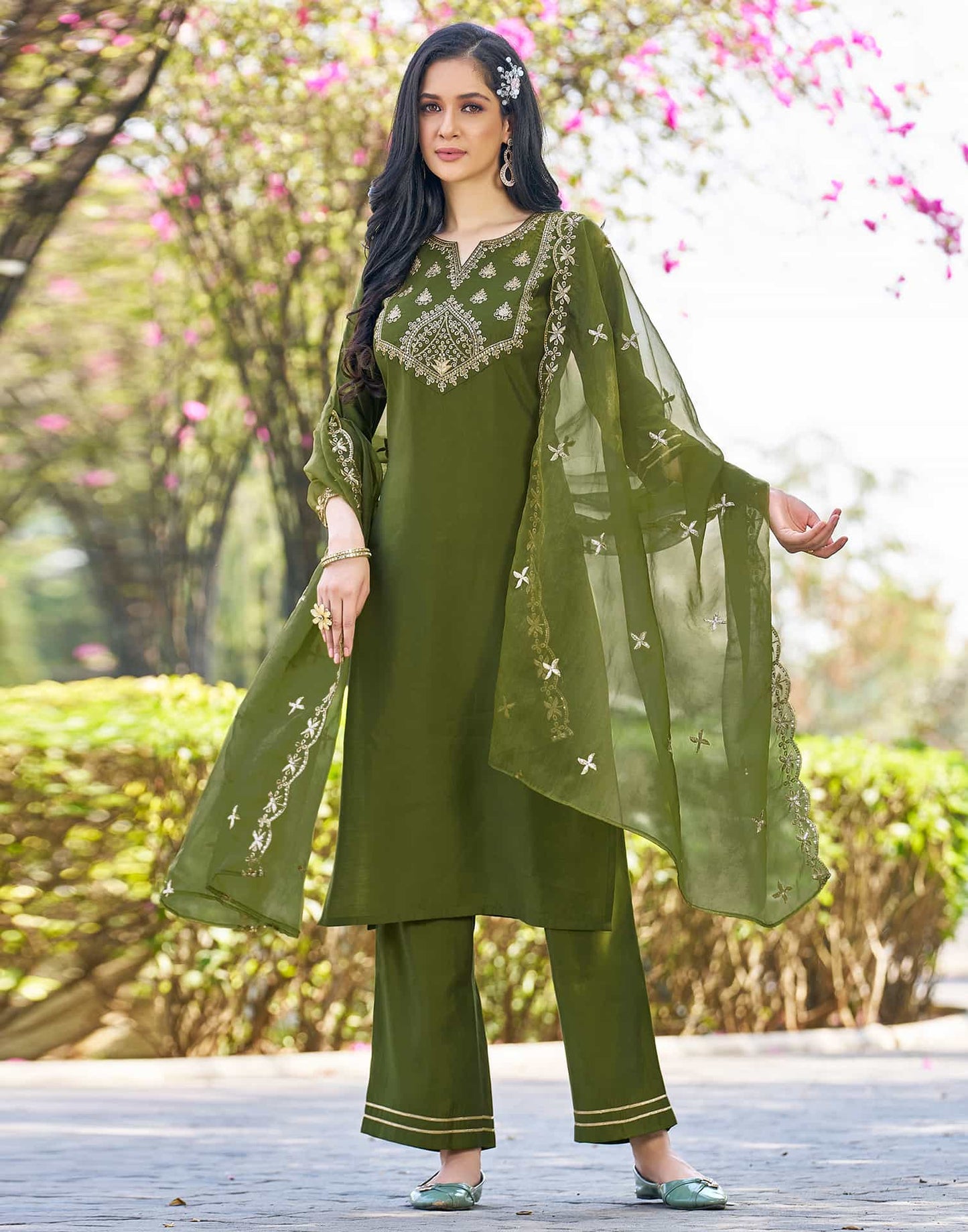 Silk Blend Sequence Embroidery Work and Lace A-Line Kurta with Pant & Dupatta